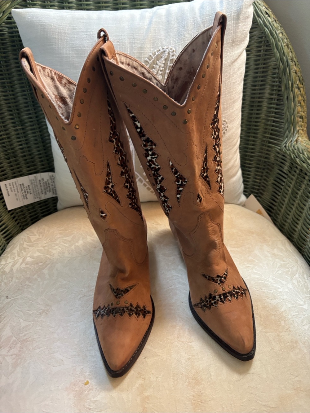 CIRCLE BRAND 9M Ranger Brown Western Cowboy Boots  leopard inserts Brazil